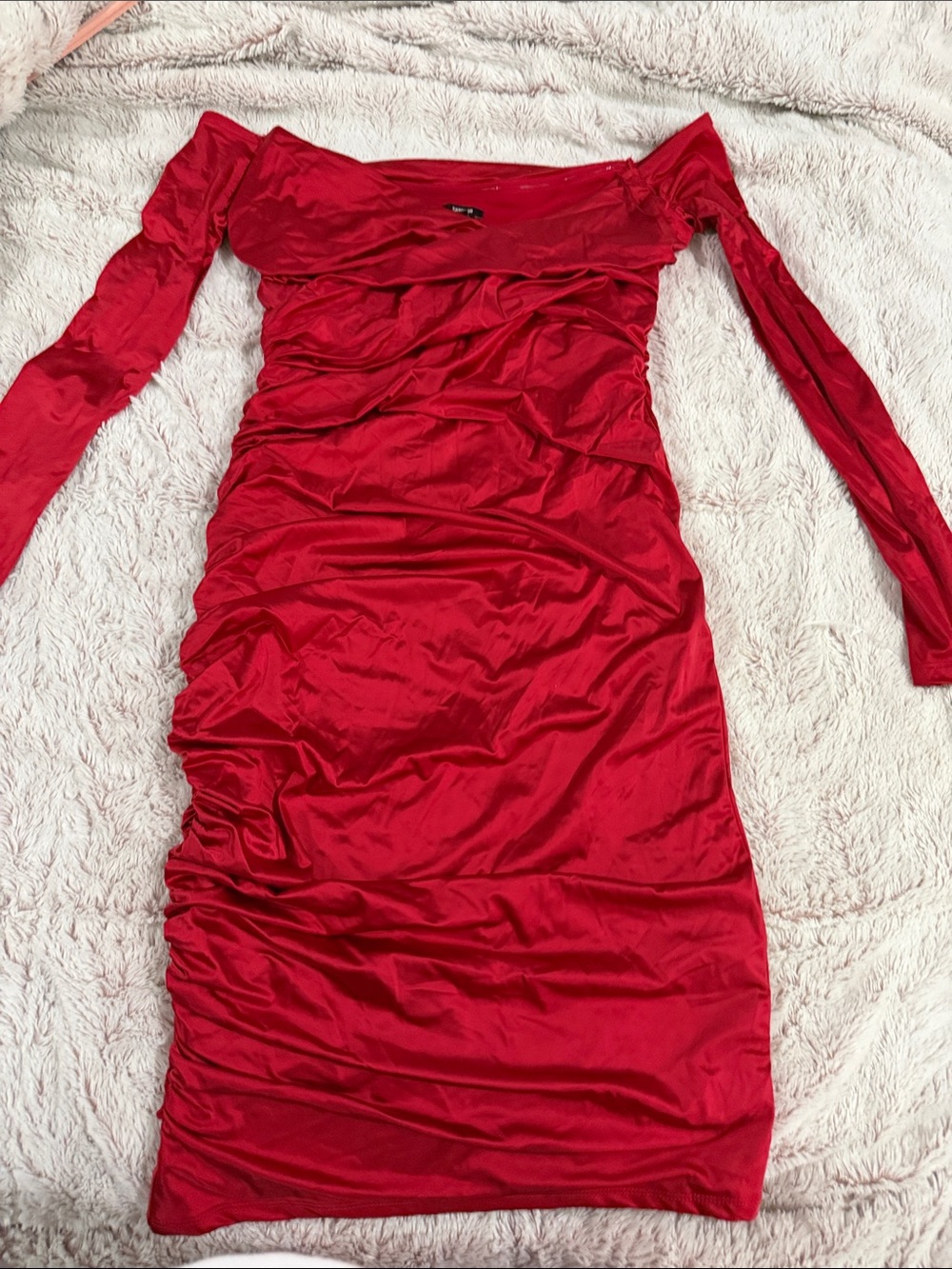 Express Red Off-Shoulder Ruched Midi Dress
